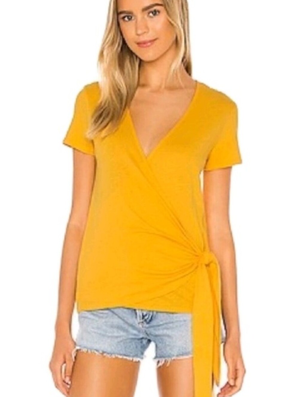 BOBI Los Angeles surplice wrap front short sleeve top in Sunflower Size MED